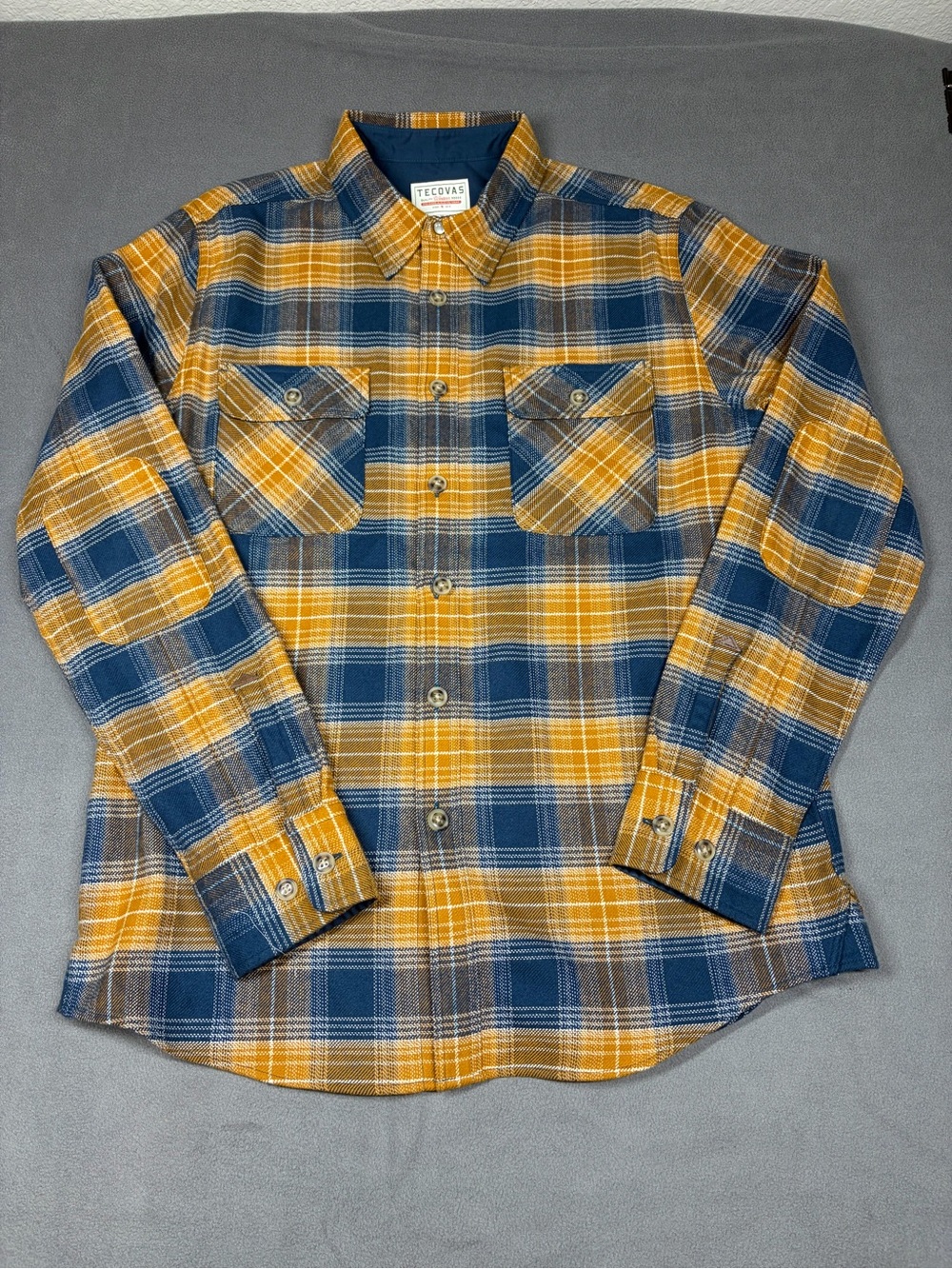 Tecovas Flannel Shirt Medium Navy Blue and Mustard Plaid Button-Up Shirt Mens